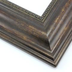 This lightweight, stylish frame features a wide, reverse scoop profile finished with coppered brown accents.  The beaded inner lip and bevelled outer edge create a simple elegance.

3 " width: ideal for large or oversize images.  Border bold oil paintings or prints, or fine art photographs.